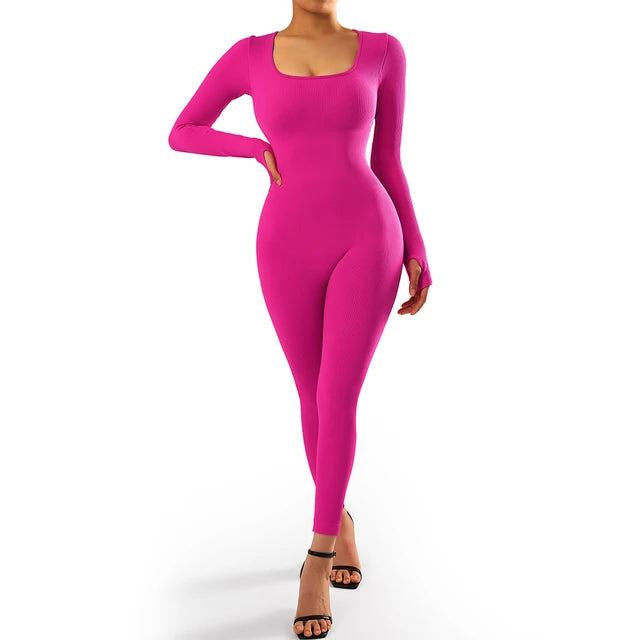 Long Sleeve Jumpsuit Women Bodycon One-piece Outfit Jumpsuit Square Neck Casual Streetwear Rompers Overalls playsuits Bodysuit