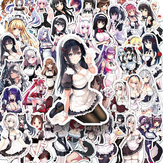 Pegatinas hentai de chica anime vestida de sirvienta de dibujos animados para monopatín de teléfono de coche-50 piezas