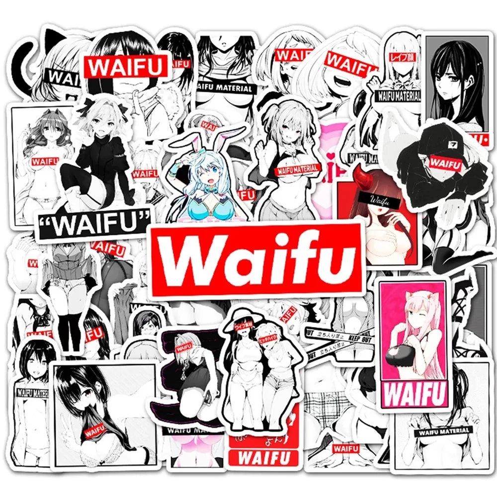 50 pegatinas de chicas anime inspiradas en Waifu: calcomanías de graffiti impermeables para computadora portátil y automóvil