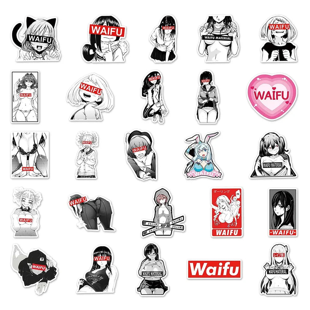 50 pegatinas de chicas anime inspiradas en Waifu: calcomanías de graffiti impermeables para computadora portátil y automóvil