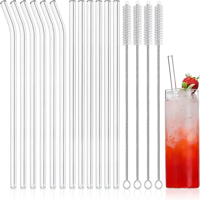 12-Pack Reusable Glass Straws Clear Smooth Glass Drinking Straw 8''x10 MM Set of 6 Straight and 6 Bent with 4 Cleaning Brushes