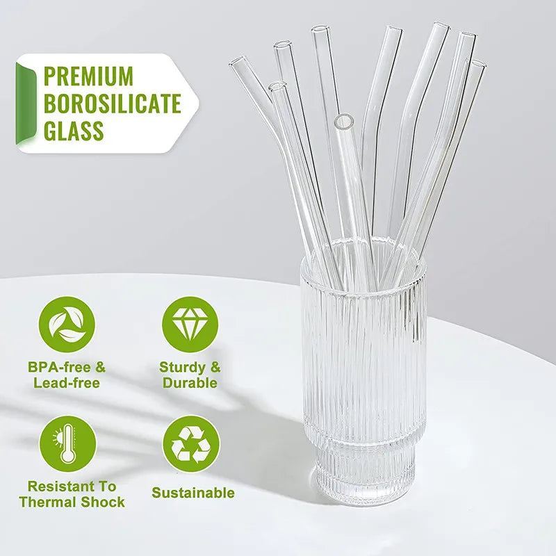 Paquet de 12 pailles en verre réutilisables, paille à boire en verre lisse transparent 8''x10 MM, lot de 6 droites et 6 courbées avec 4 brosses de nettoyage