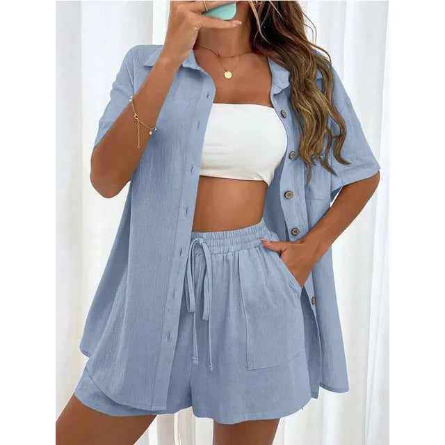 Solid Color Casual Loose Short Pants Sets For Women 2024 Elegant Summer Women's Two Pieces Suit Full Set Female Outfit Clothes