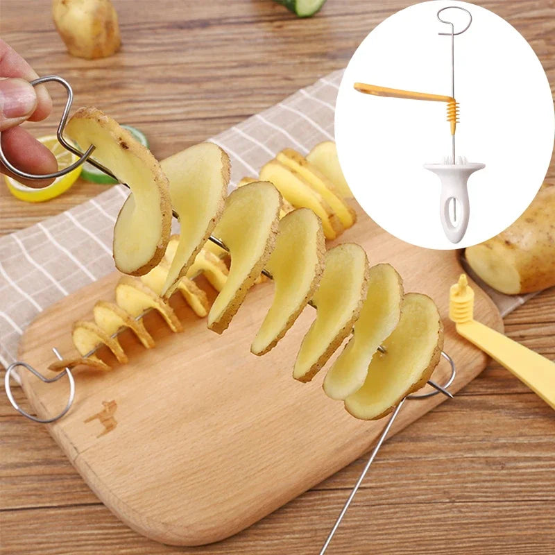 Trancheur de pommes de terre rotatif en plastique, en acier inoxydable, coupe-tranche en spirale torsadé, outil créatif pour légumes, Gadgets de cuisine, 1 ensemble