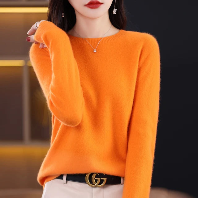 New Cashmere  Basic Top Long Sleeve Women O-Neck Knitted Sweater 100% Pure Merino Wool Pullover Clothing Knitwear