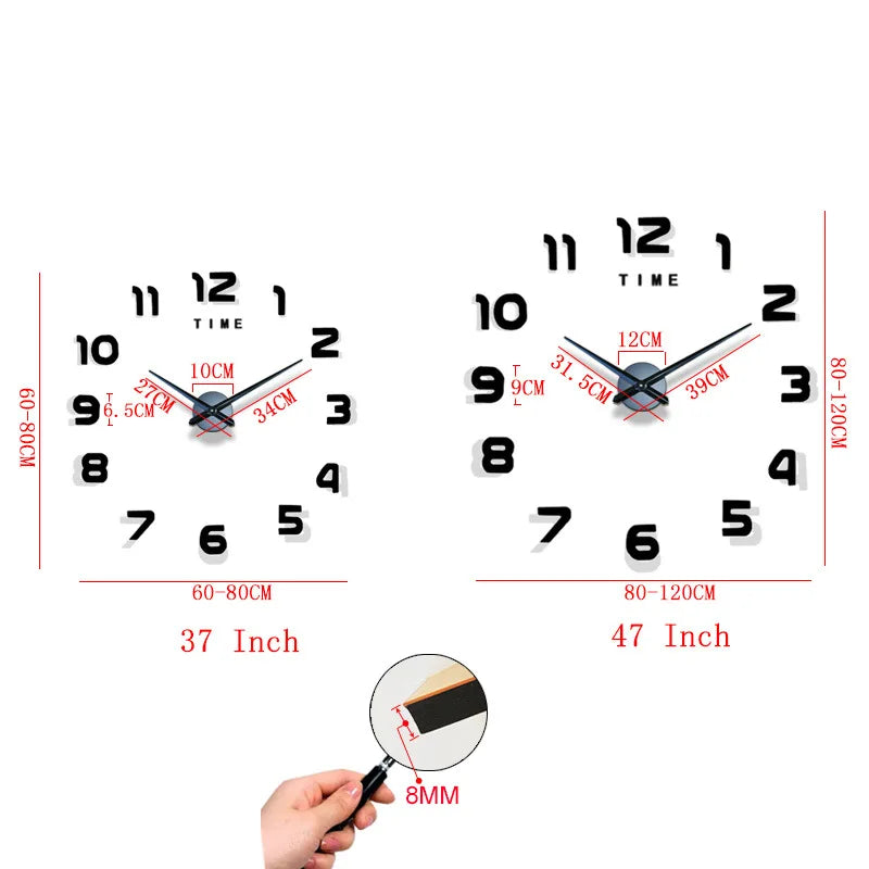 Reloj de pared grande de diseño moderno, relojes de cuarzo 3D DIY, relojes de moda, pegatinas de espejo acrílico, decoración del hogar para sala de estar, reloj de 100-130cm