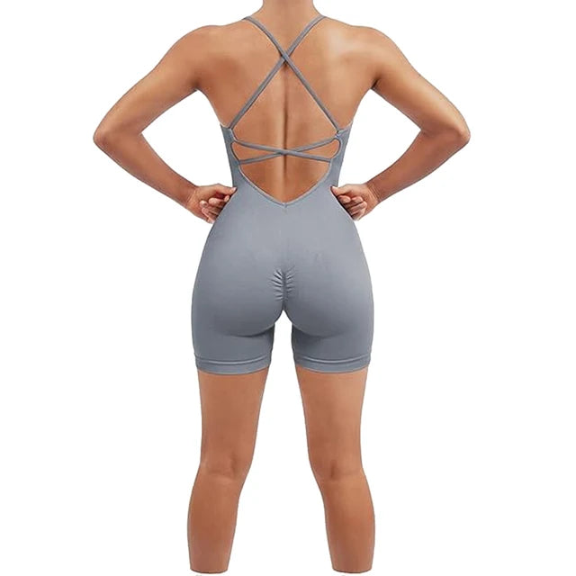 Tummy Control Padded One Piece Sports Bra Ribbed Quick-drying Fitness Tops Women Strappy Romper Seamless Jumpsuit