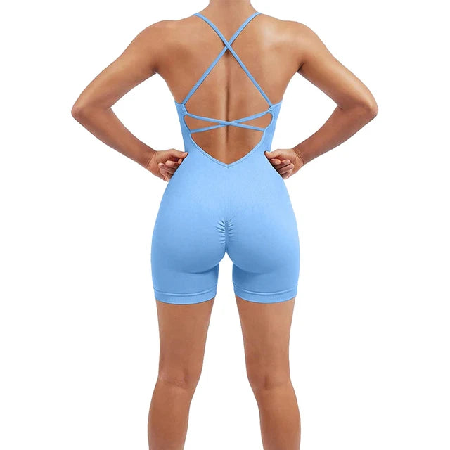 Tummy Control Padded One Piece Sports Bra Ribbed Quick-drying Fitness Tops Women Strappy Romper Seamless Jumpsuit