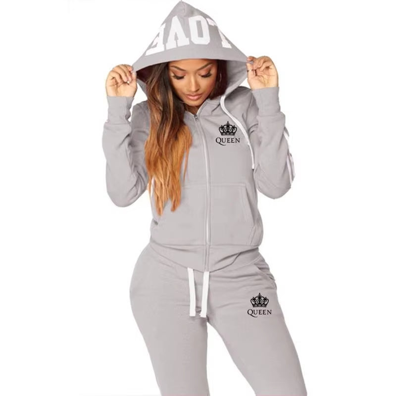 2023 Hot Sale Queen Casual Striped Zipper Pocket Pure Color Women Tracksuit Fashion Sportwear Hoodie + Trousers Jogging Suit