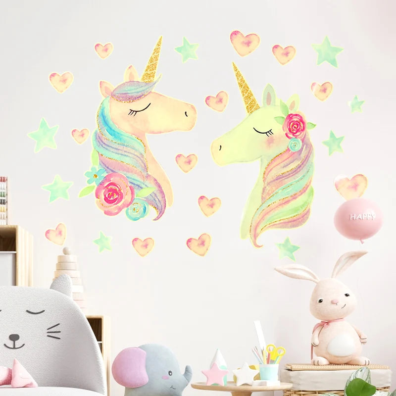 Pegatinas luminosas de unicornio para pared, pegatinas de pared fluorescentes de estrellas y nubes de arcoíris para decoración del hogar para habitaciones de niños, papel tapiz que brilla en la oscuridad