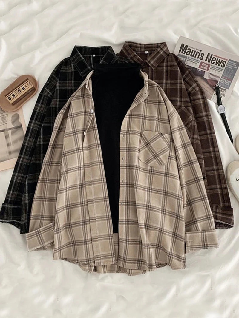 JMPRS Vintage Women Plaid Shirts Autumn Long Sleeve Oversize Button up Tops Korean Loose Casual Fall Outwear Femme Shirts