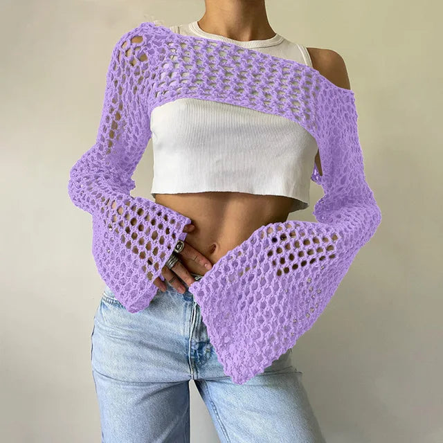 Women Big Fishnet Long Sleeve Cropped Sweaters Summer Fashion Lady O-Neck Flare Sleeve Hollow Out Short Knitted Pullovers