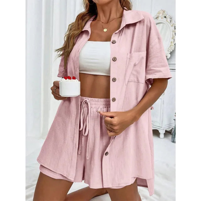 Solid Color Casual Loose Short Pants Sets For Women 2024 Elegant Summer Women's Two Pieces Suit Full Set Female Outfit Clothes