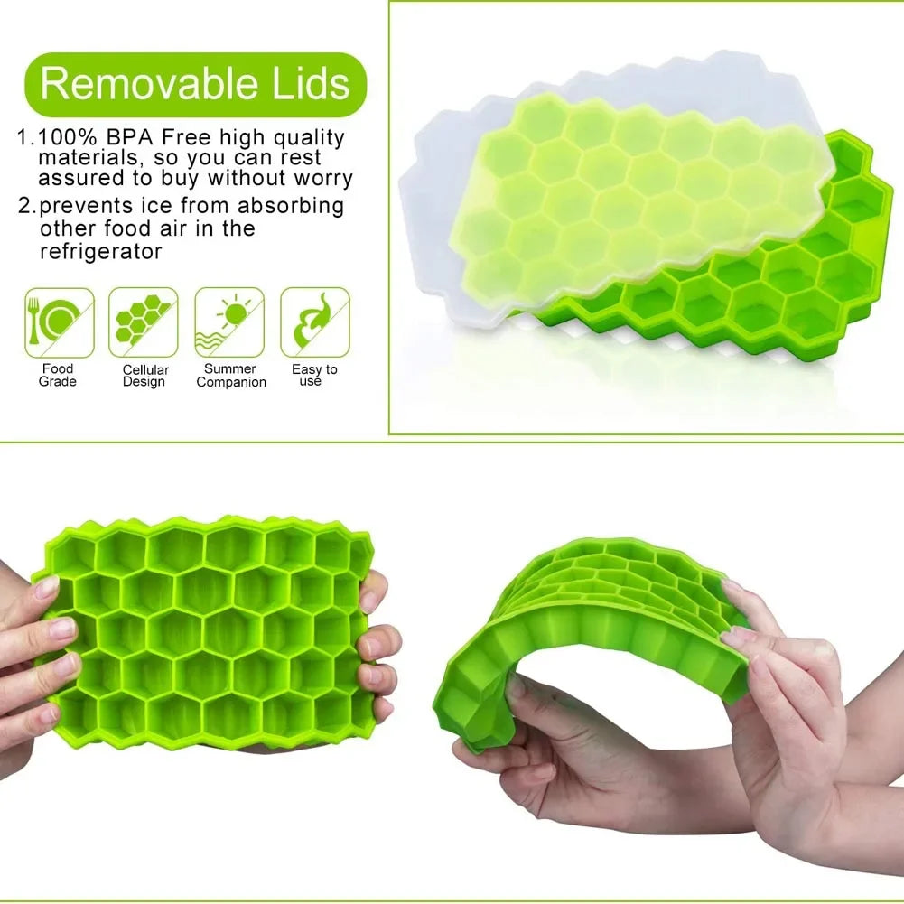 37 Cavity Honeycomb Ice Cube Trays Reusable Silicone Ice Cube Mold BPA Free Ice Maker with Removable Lids