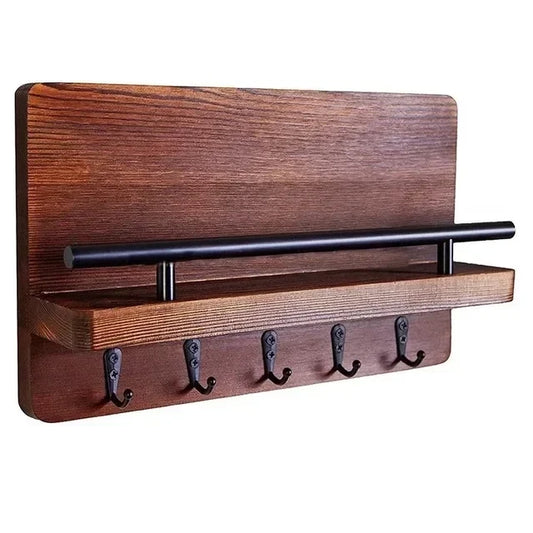 1pc Wall Hanging Storage Holder Wooden Wall Mounted Storage Rack with 7 Hooks Plant Mail Storage Organizer for Home Decor