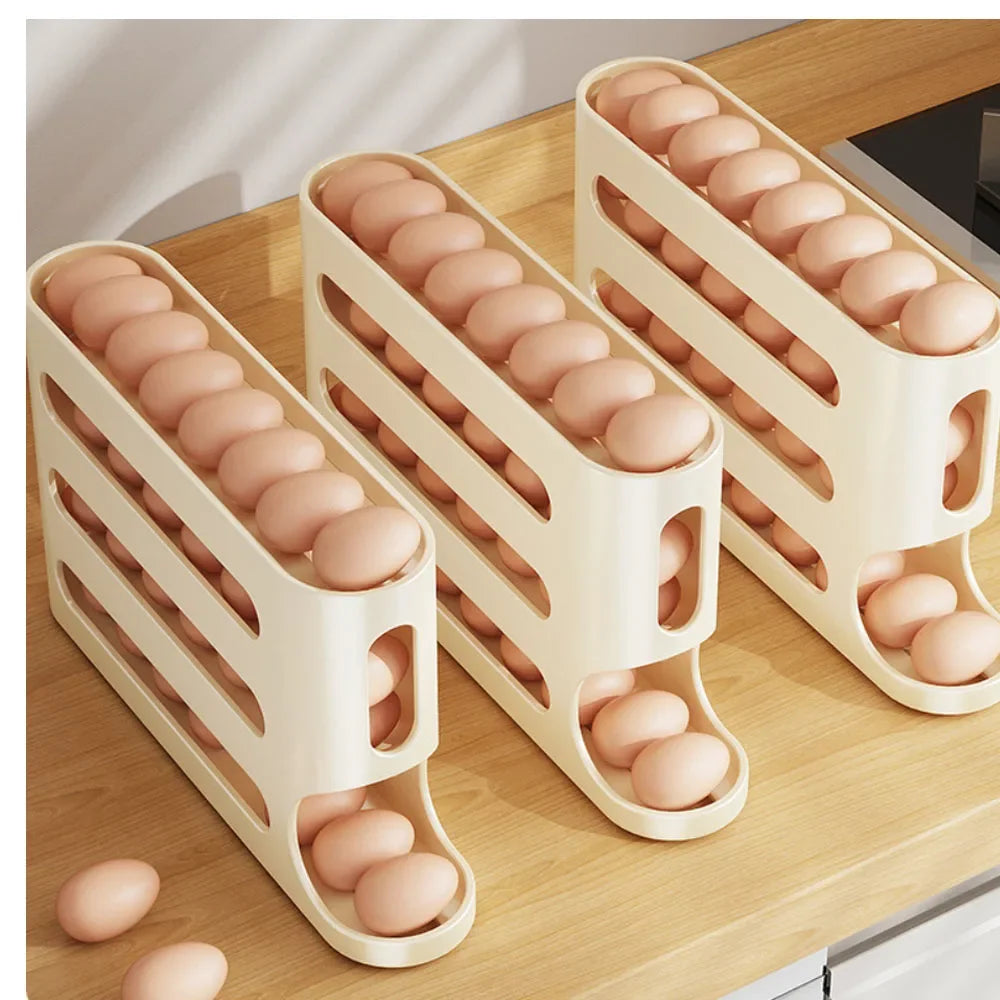 Estante rodante automático de 4 capas para huevos, caja para almacenamiento de huevos para nevera, contenedor, dispensador de huevos para refrigerador de cocina, organizador para nevera