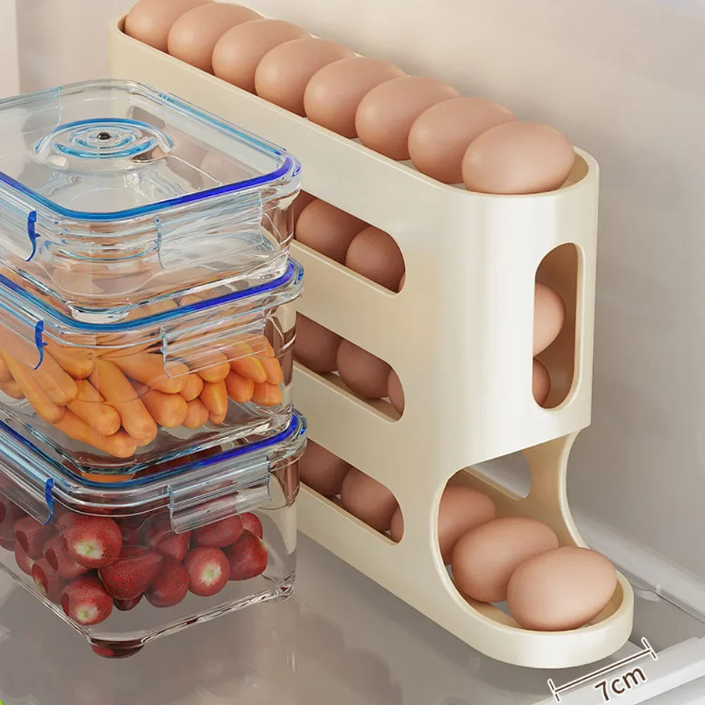 Estante rodante automático de 4 capas para huevos, caja para almacenamiento de huevos para nevera, contenedor, dispensador de huevos para refrigerador de cocina, organizador para nevera