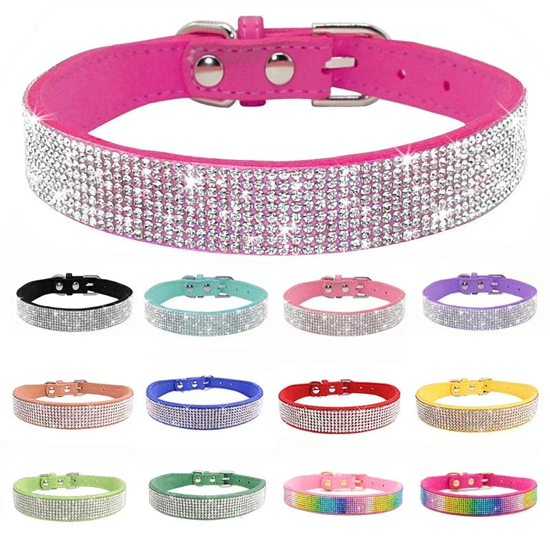 Collar de perro de cristal de fibra de ante, cómodo collar de perro con diamantes de imitación y purpurina, Collar con hebilla de aleación de Zinc para perros pequeños y gatos XXS-L