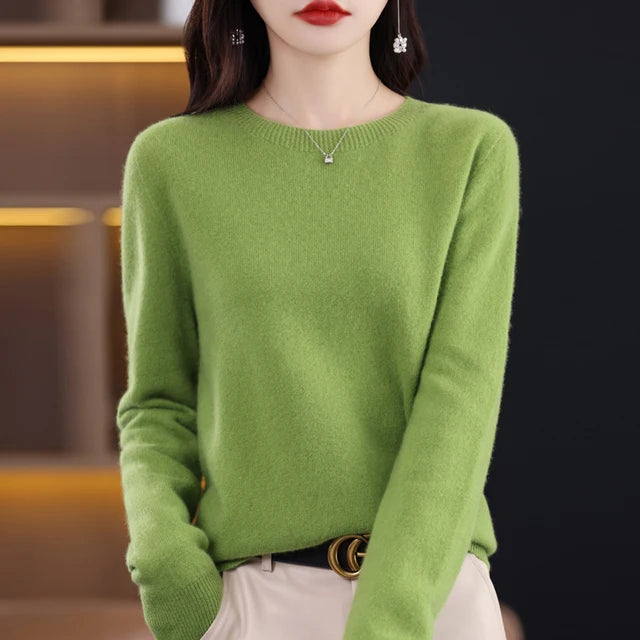 New Cashmere  Basic Top Long Sleeve Women O-Neck Knitted Sweater 100% Pure Merino Wool Pullover Clothing Knitwear