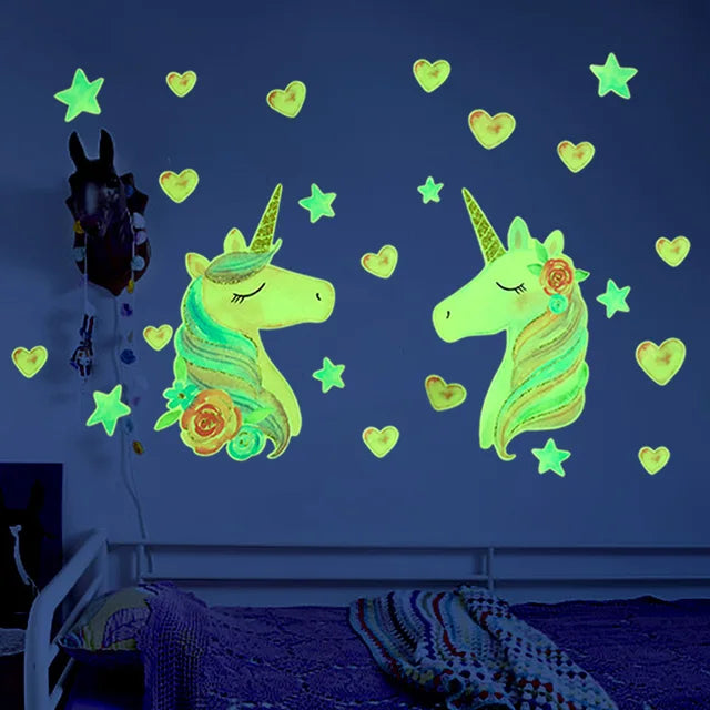 Pegatinas luminosas de unicornio para pared, pegatinas de pared fluorescentes de estrellas y nubes de arcoíris para decoración del hogar para habitaciones de niños, papel tapiz que brilla en la oscuridad