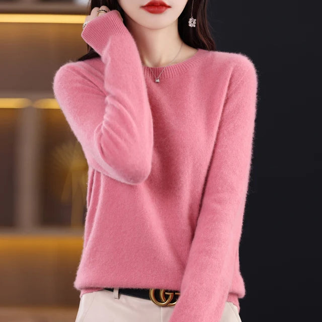 New Cashmere  Basic Top Long Sleeve Women O-Neck Knitted Sweater 100% Pure Merino Wool Pullover Clothing Knitwear