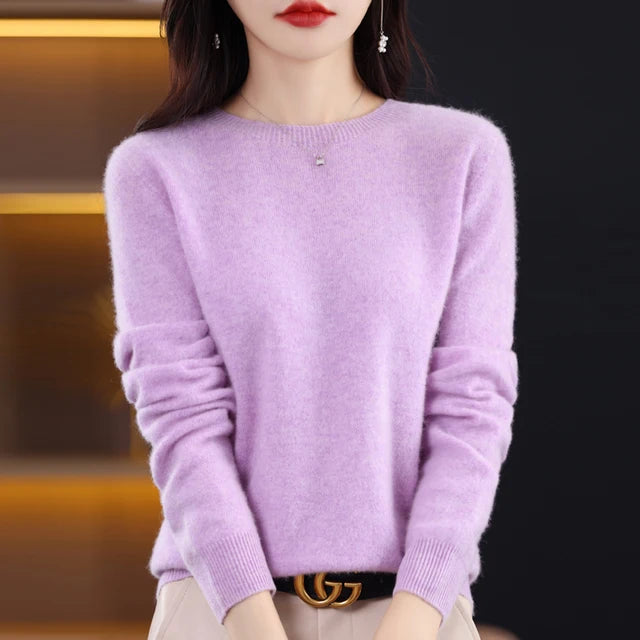 New Cashmere  Basic Top Long Sleeve Women O-Neck Knitted Sweater 100% Pure Merino Wool Pullover Clothing Knitwear