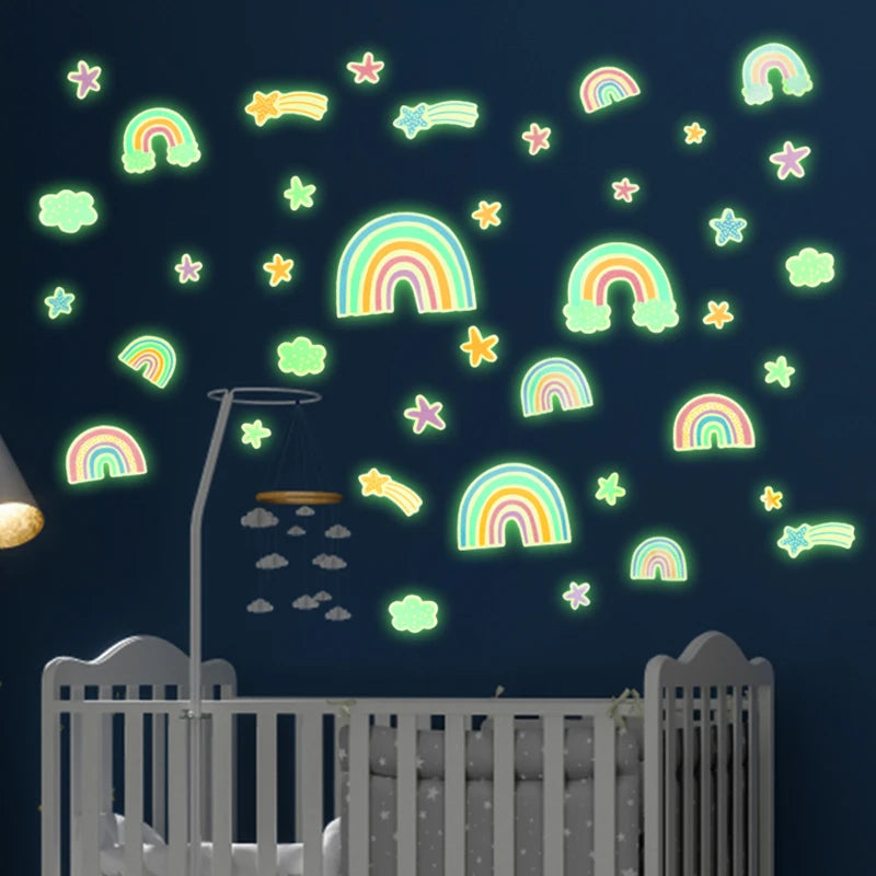 Autocollants muraux licorne lumineux, nuages ​​arc-en-ciel, étoiles fluorescentes, sparadrap muraux pour chambres d'enfants, décoration de maison, papier peint scintillant dans la nuit