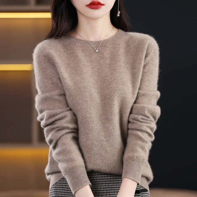 New Cashmere  Basic Top Long Sleeve Women O-Neck Knitted Sweater 100% Pure Merino Wool Pullover Clothing Knitwear