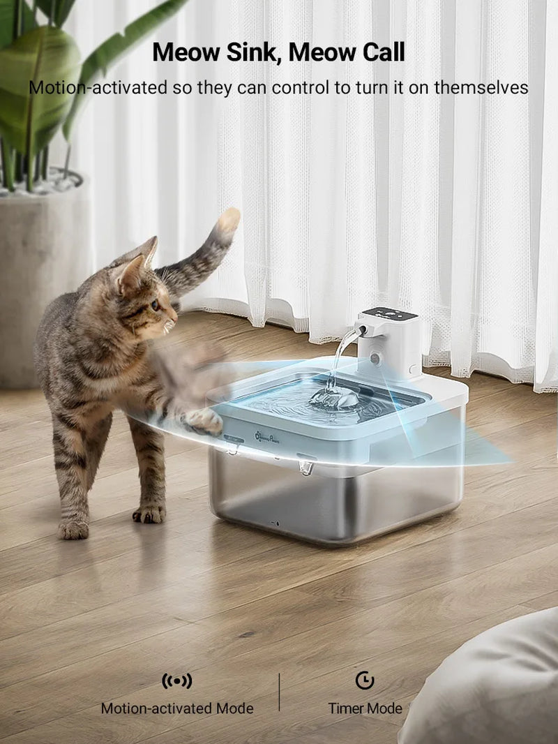 Downypaws 2.5L Automatic Stainless Steel Cat Water Fountain 4000Mah Wireless Pet Drinker Battery & Sensor 2 in 1 Dispenser