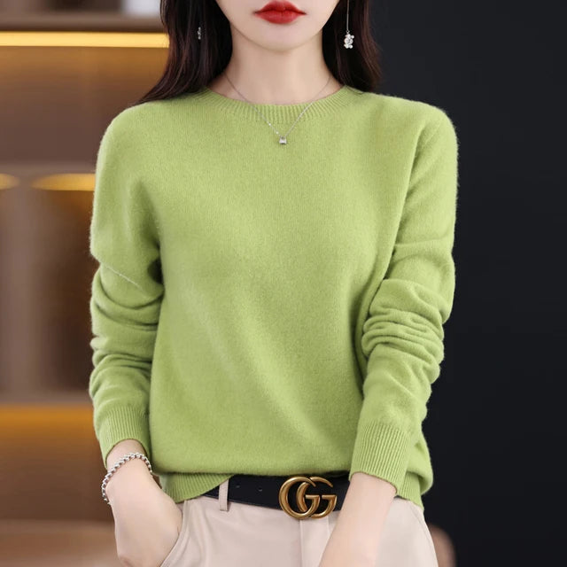 New Cashmere  Basic Top Long Sleeve Women O-Neck Knitted Sweater 100% Pure Merino Wool Pullover Clothing Knitwear