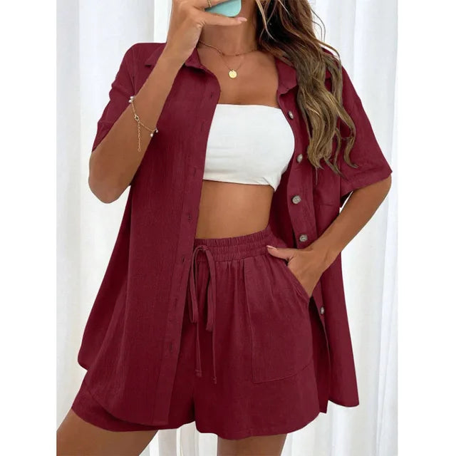 Solid Color Casual Loose Short Pants Sets For Women 2024 Elegant Summer Women's Two Pieces Suit Full Set Female Outfit Clothes