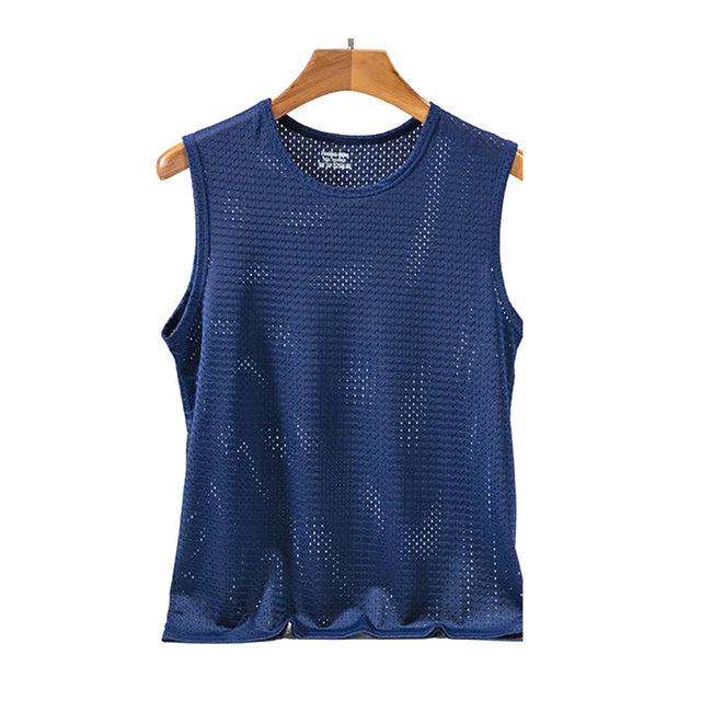 New Men Ice Silk Tops Vest Outer Wear Quick-Drying Mesh Hole Breathable Sleeveless T-Shirts Summer Cool Vest Beach Travel Tanks