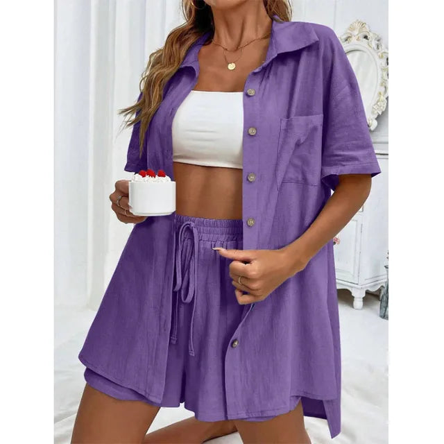 Solid Color Casual Loose Short Pants Sets For Women 2024 Elegant Summer Women's Two Pieces Suit Full Set Female Outfit Clothes