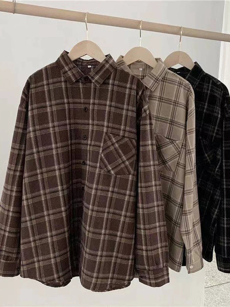 JMPRS Vintage Women Plaid Shirts Autumn Long Sleeve Oversize Button up Tops Korean Loose Casual Fall Outwear Femme Shirts