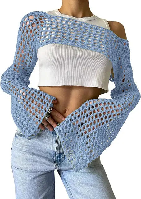 Women Big Fishnet Long Sleeve Cropped Sweaters Summer Fashion Lady O-Neck Flare Sleeve Hollow Out Short Knitted Pullovers