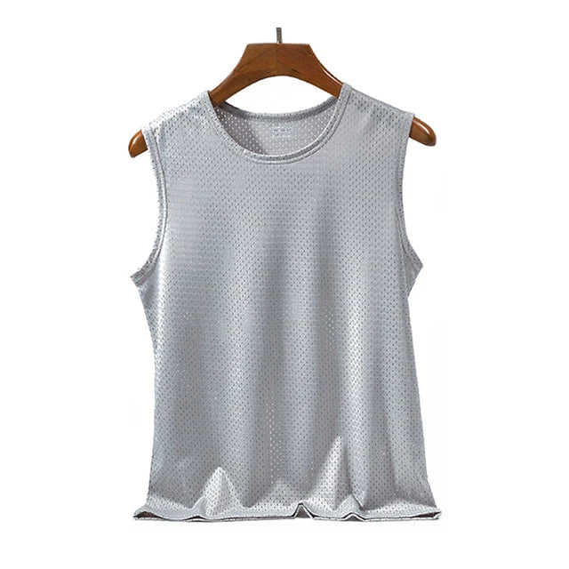 New Men Ice Silk Tops Vest Outer Wear Quick-Drying Mesh Hole Breathable Sleeveless T-Shirts Summer Cool Vest Beach Travel Tanks