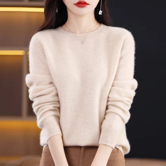 New Cashmere  Basic Top Long Sleeve Women O-Neck Knitted Sweater 100% Pure Merino Wool Pullover Clothing Knitwear