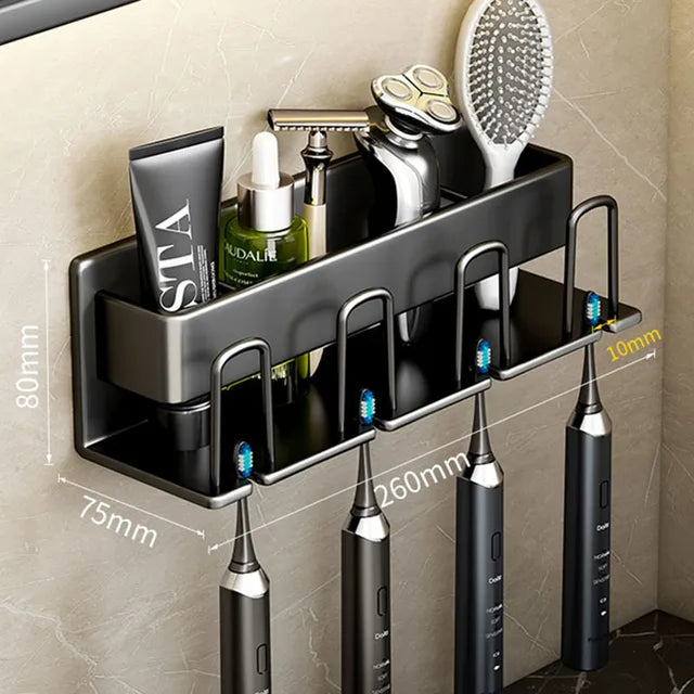 Toothbrush Holder Wall Mounted Aluminum Punch Free Toothpaste Cup Storage Hook Bathroom Accessories Organizer