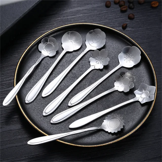 Juego de Cucharas para Café - Cuchara de Postre Flor en Acero Inoxidable Plateado y Dorado 8 piezas