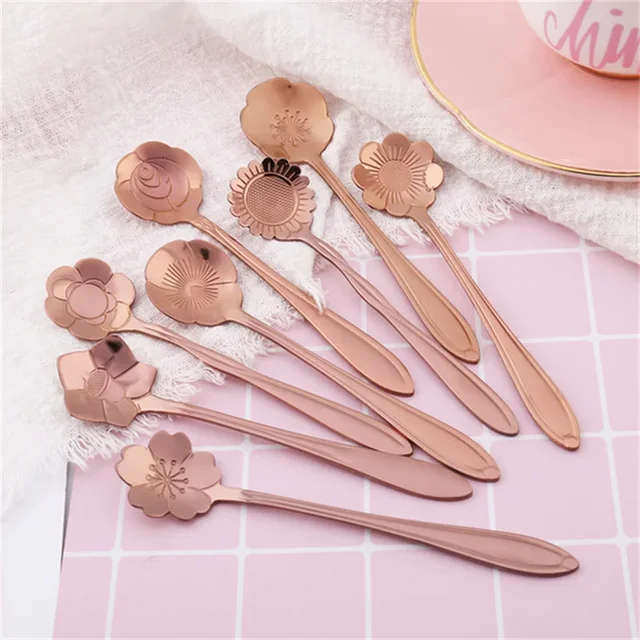 Spoon Set for Coffee - Flower Dessert Spoon in Silver and Gold Stainless Steel 8 pieces