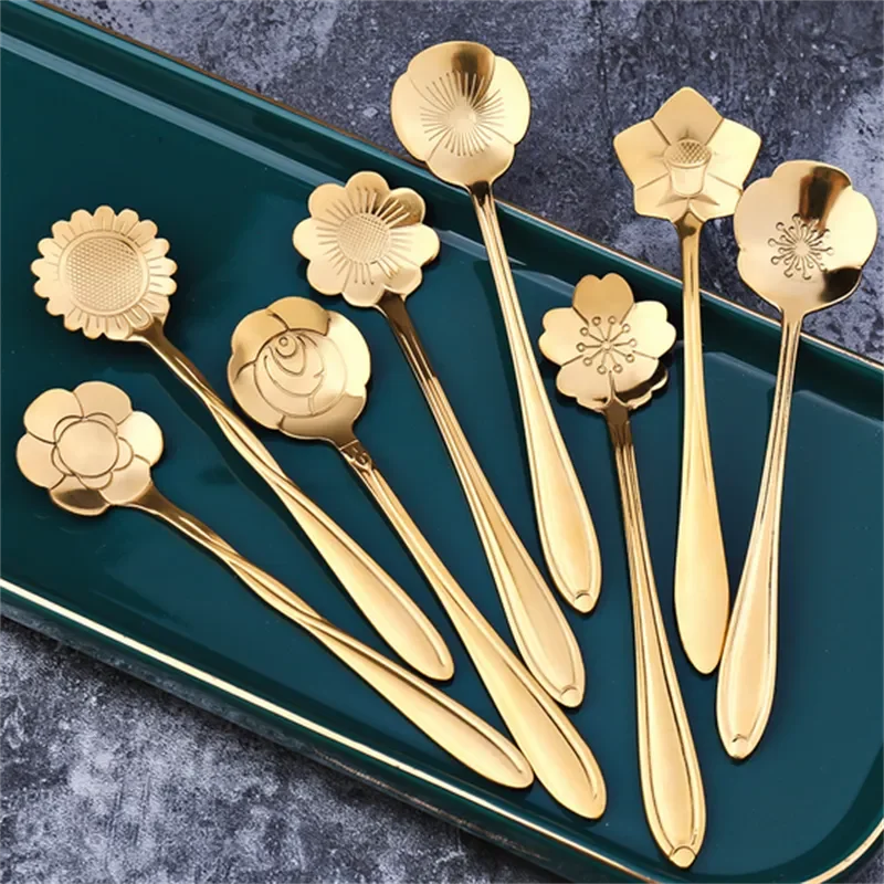 Juego de Cucharas para Café - Cuchara de Postre Flor en Acero Inoxidable Plateado y Dorado 8 piezas