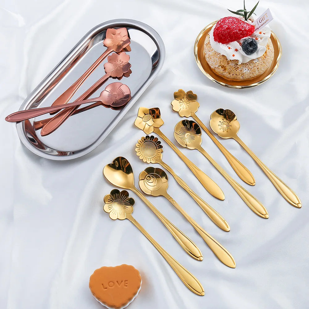 Juego de Cucharas para Café - Cuchara de Postre Flor en Acero Inoxidable Plateado y Dorado 8 piezas