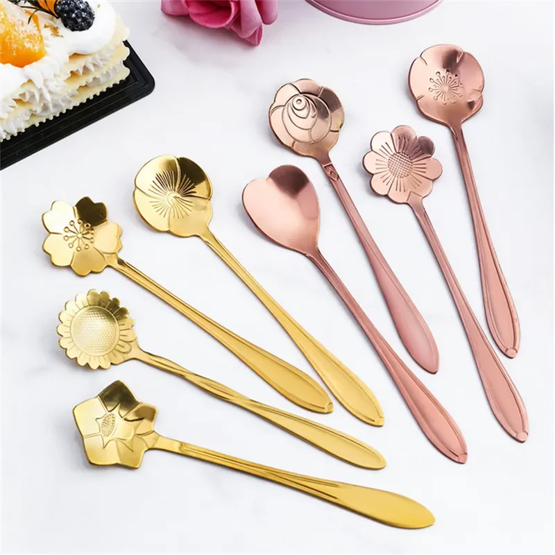 Juego de Cucharas para Café - Cuchara de Postre Flor en Acero Inoxidable Plateado y Dorado 8 piezas