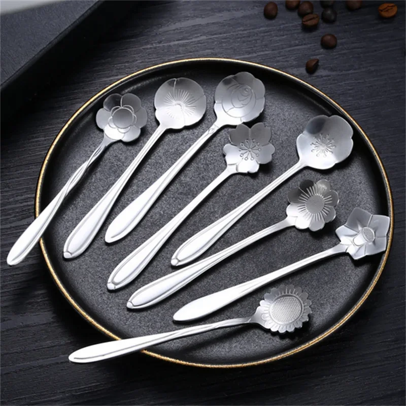 Spoon Set for Coffee - Flower Dessert Spoon in Silver and Gold Stainless Steel 8 pieces