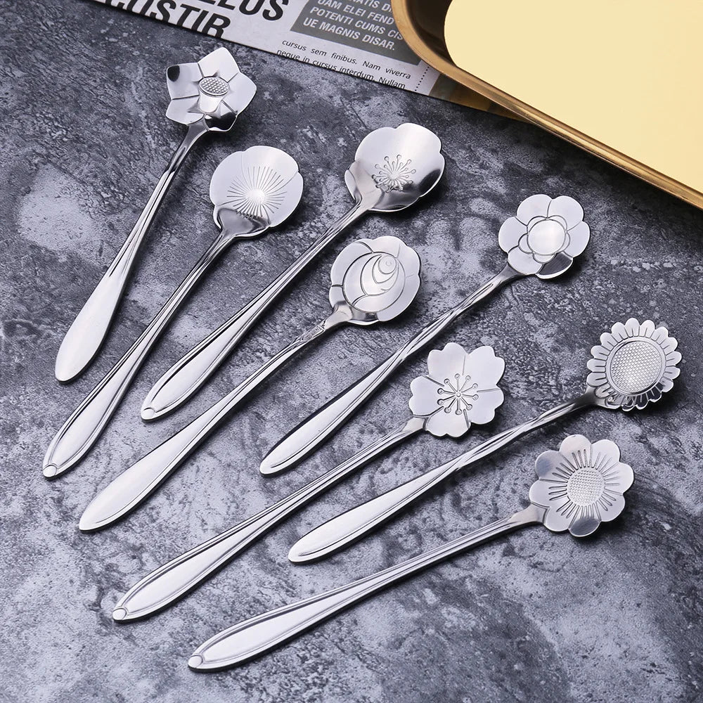 Spoon Set for Coffee - Flower Dessert Spoon in Silver and Gold Stainless Steel 8 pieces