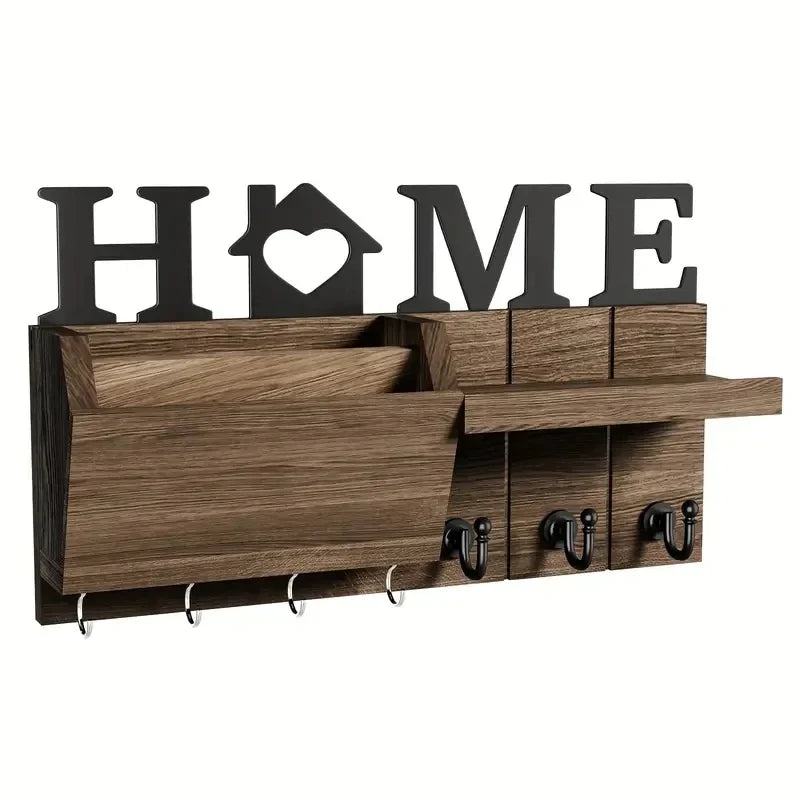 1pc Wall Hanging Storage Holder Wooden Wall Mounted Storage Rack with 7 Hooks Plant Mail Storage Organizer for Home Decor