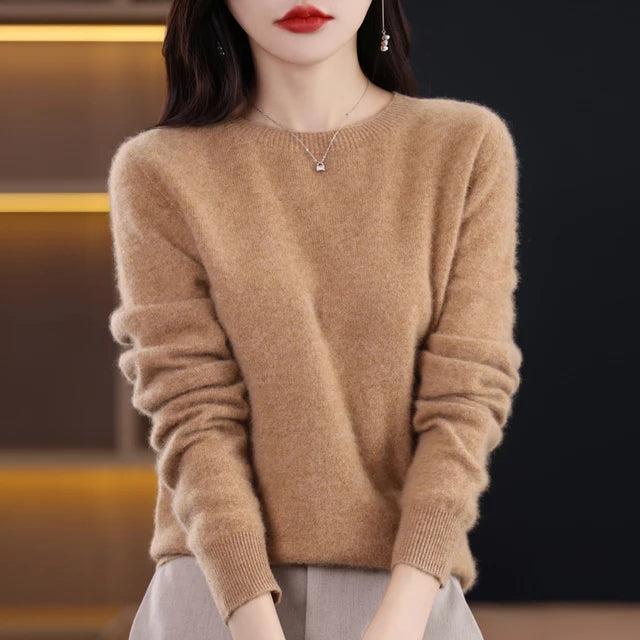 New Cashmere  Basic Top Long Sleeve Women O-Neck Knitted Sweater 100% Pure Merino Wool Pullover Clothing Knitwear