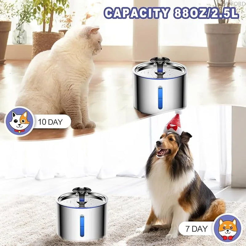 Pet Water Fountain 304 Stainless Steel Automatic Cat Drinking Fountain 2.5L Smart Water Dispenser with Transparent Window