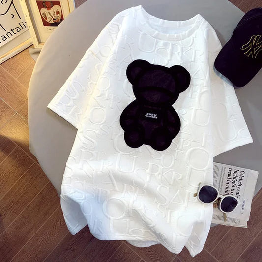 CGC Korean Women Oversized T-shirt Casual Bear Printing Short Sleeve Tees Summer Female Loose Tops Simple O-Neck T-shirt