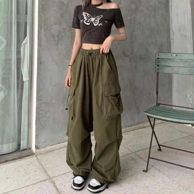 Women Casual Joggers Tech Pants Solid Low Waist Pants Drawstring Wide Leg Baggy Trousers Y2k Streetwear Oversize Sweatpants